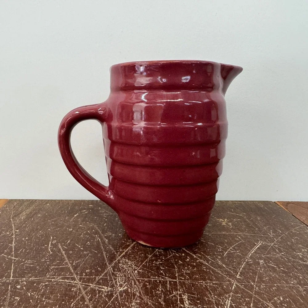 Vintage USA Pottery‎ Pitcher Red Wine Ribbed Design Kitchen Decor Rustic